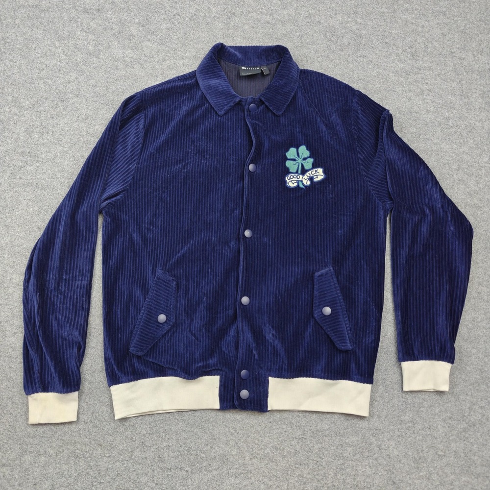 ASOS DESIGN Jacket Mens Medium Blue Corduroy Varsity Lucky Clover Tattoo